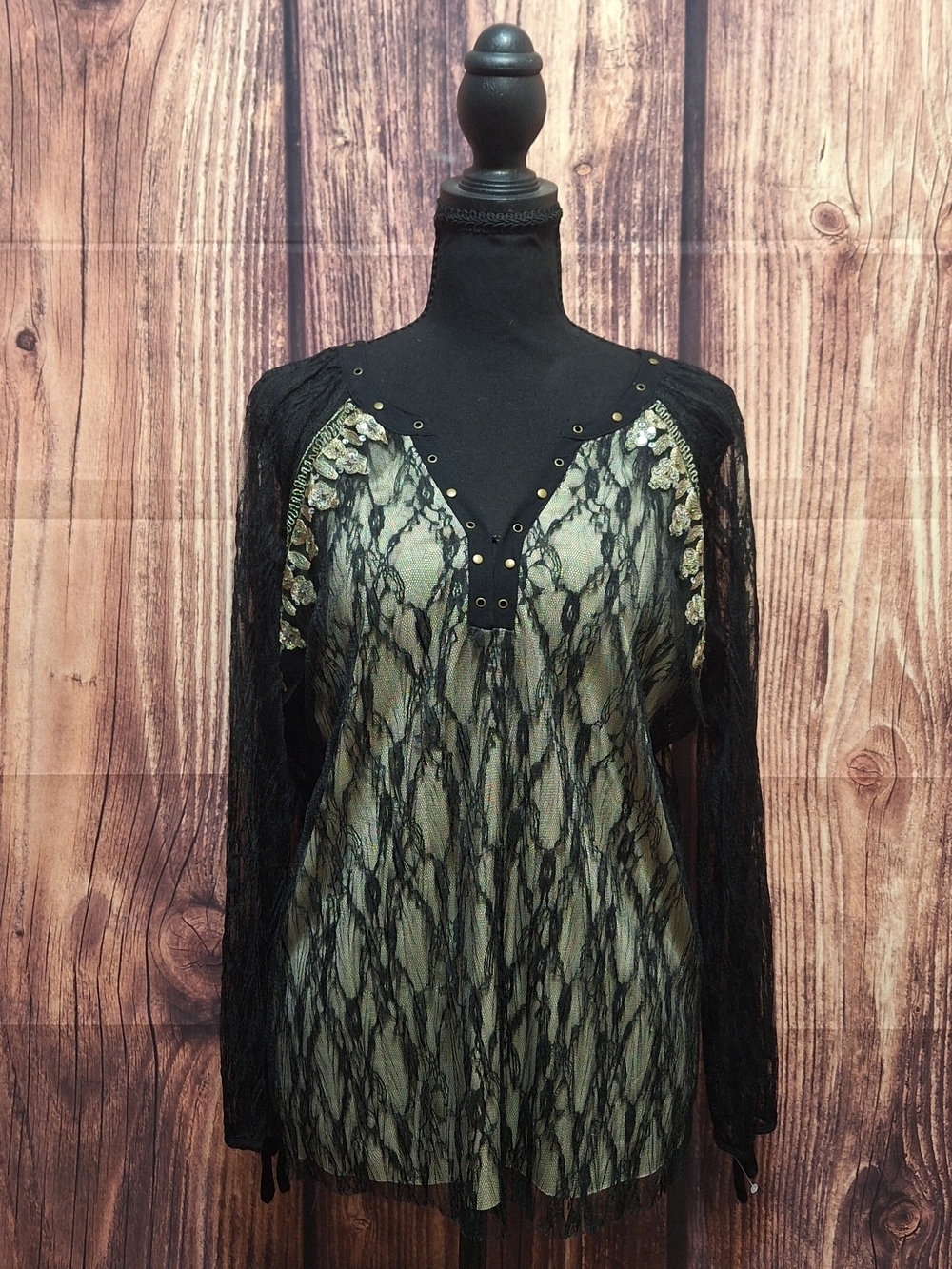 gimmicks by BKE Black Lace Overlay Tunic with Gold Accents Size XS